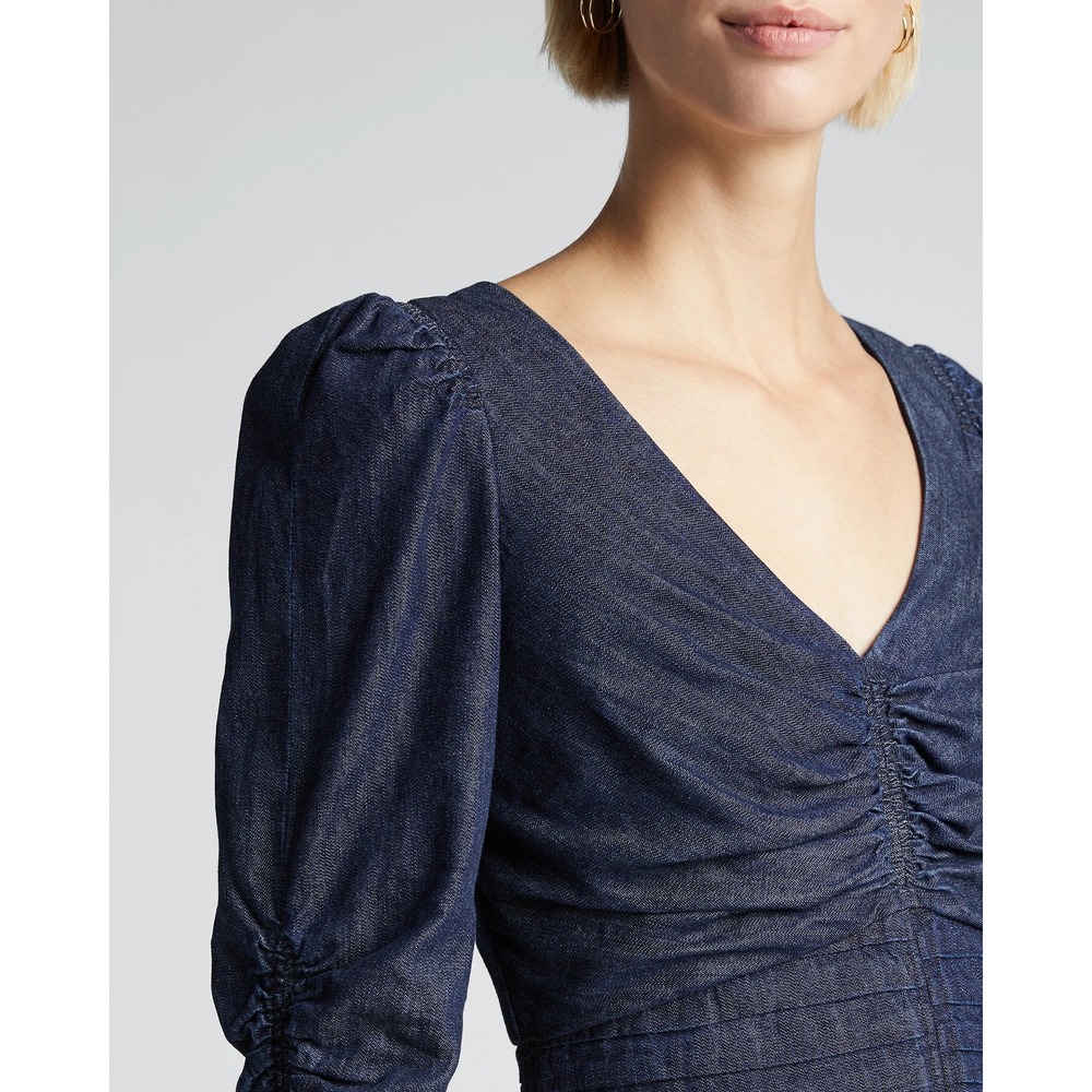 TANYA TAYLOR Pansy Dress Blue Denim Pleated Mini Puffed Sleeves Flirty Size 6 - Picture 5 of 16